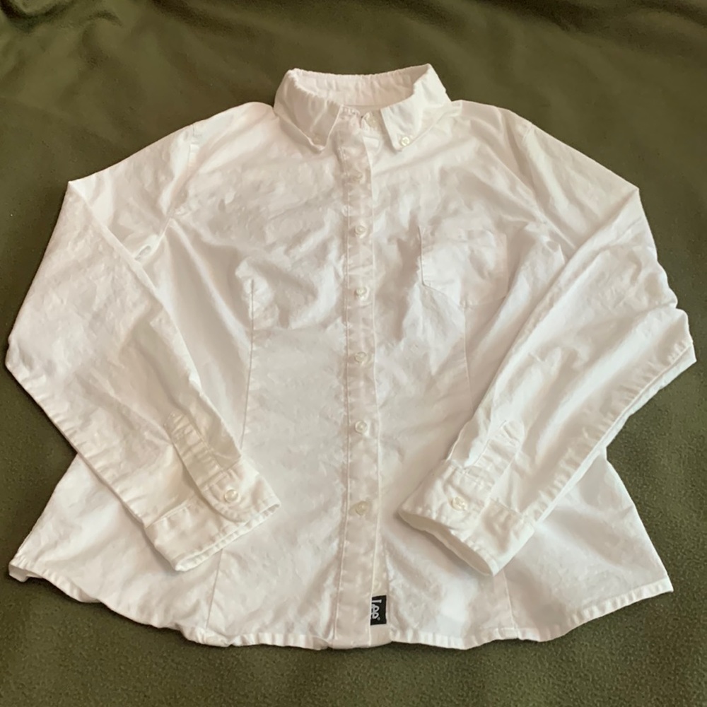 Lee Uniforms button up, long sleeve white shirt.  Size L. Chest approx 18 inches